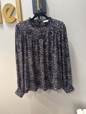 Loft Women's Black Floral High Neck Long Sleeve Blouse Top Size S Small NWT